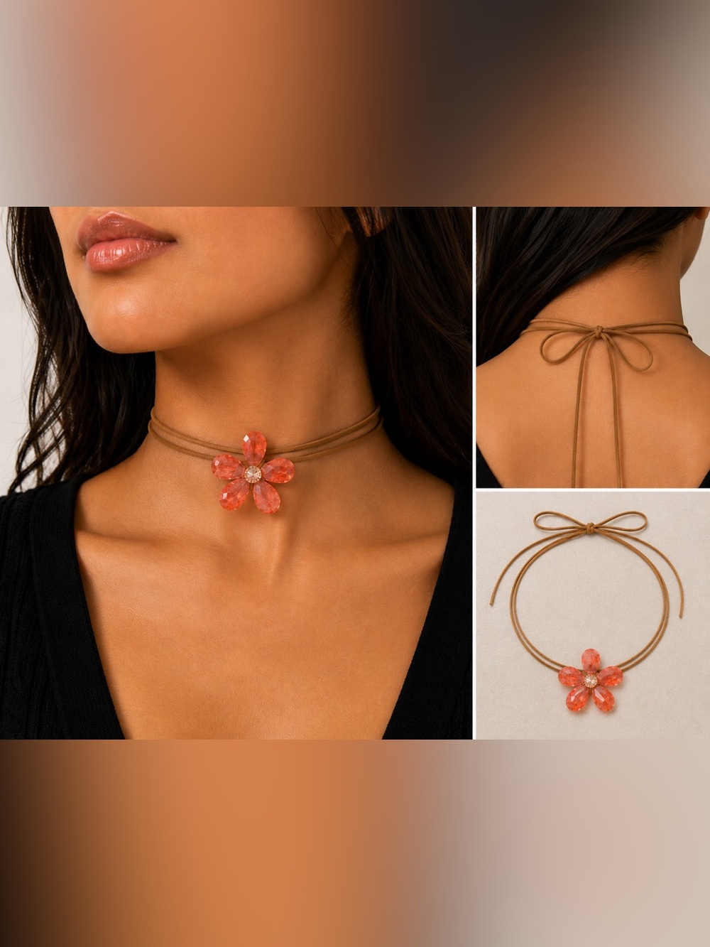 Elegant stone Pink Flower Pendant Necklace 47” long leather strap